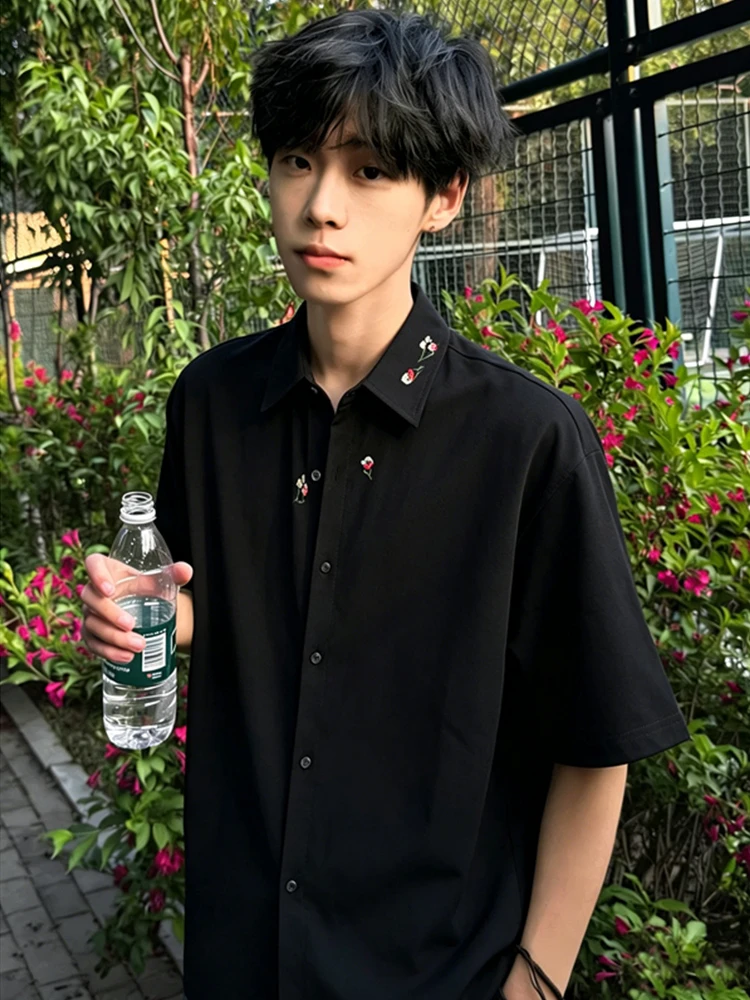 

New Chinese Style Floral Embroidery Ice Silk Short Sleeve Men's Shirt Summer Cool Feeling Turn-down Collar Sun Protection Out...