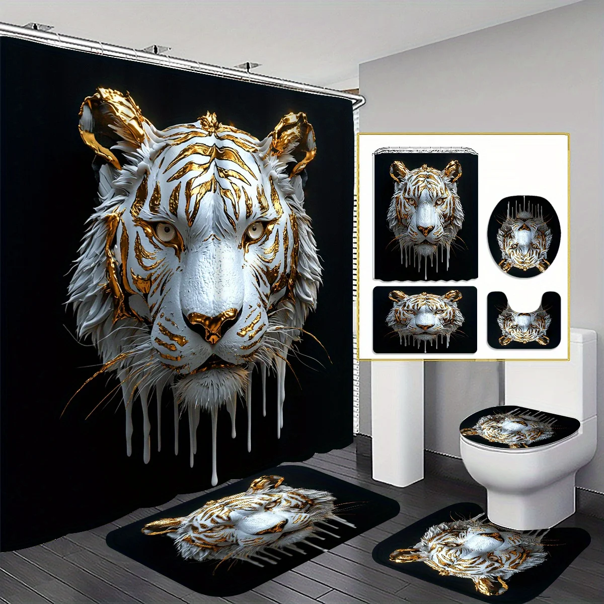 

4 шт. темный загадочный жестокий платиновый тигр узор набор занавесок для душа, занавески для ванной комнаты, декоративный напольный коврик для ванной комнаты