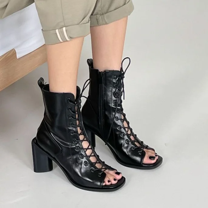 

Temperament Hollowed Out Side Zipper Cross Lace-Up Sandals Roman Style Chunky Heel High Heels Fashion Trend Women's Ankle Boots