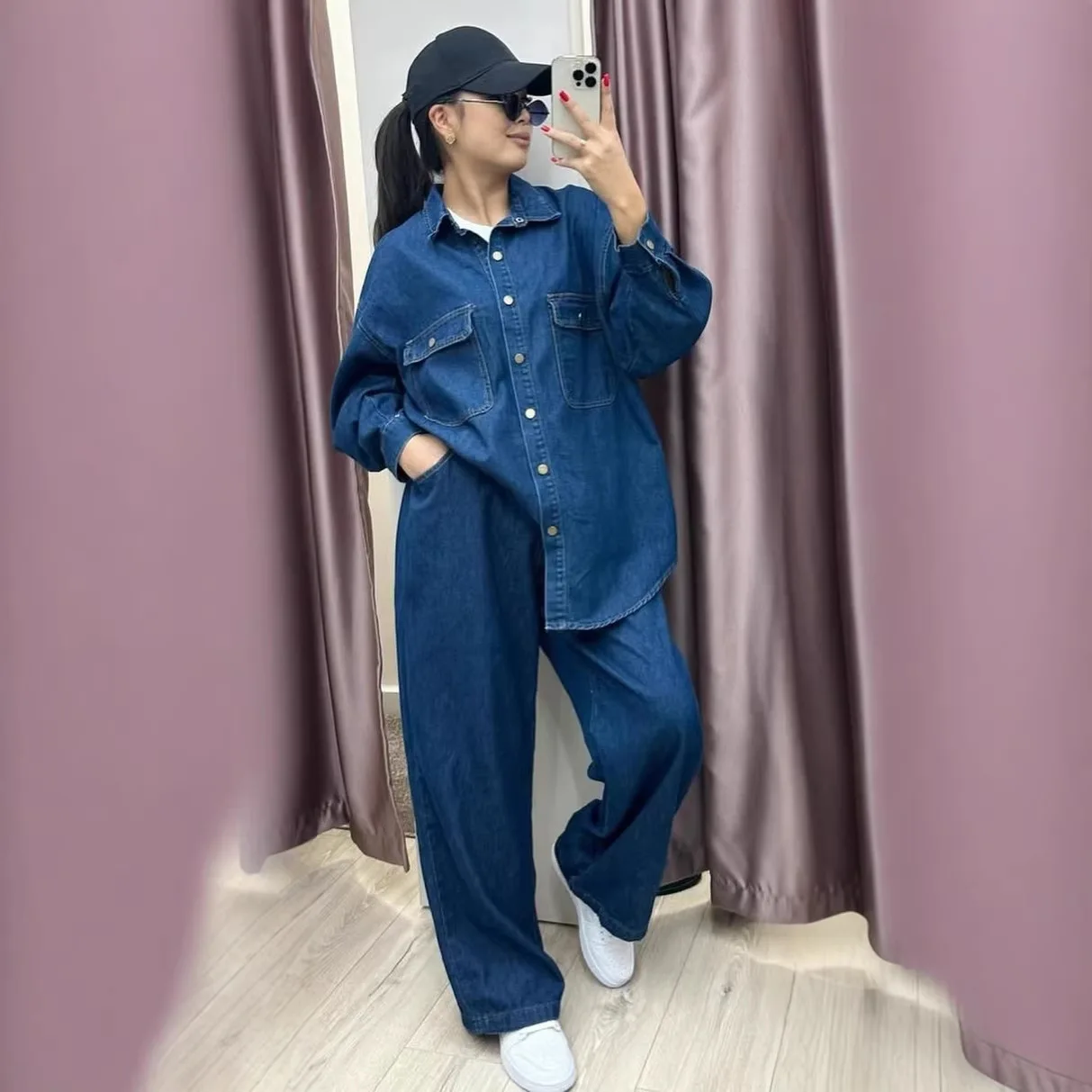 SuperAen European and American Style 2026 Autumn New Single Breasted Women's Shirt Coat Retro Simple Blue Pants Two Pieces Sets