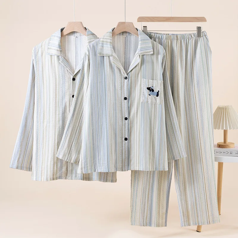 

Корейский стиль, полосатый пижамный комплект с милой собакой и вышивкой, женский весенне-осенний комплект из 2 предметов, хлопковая домашняя одежда, одежда для сна с длинными рукавами, Pijama Mujer