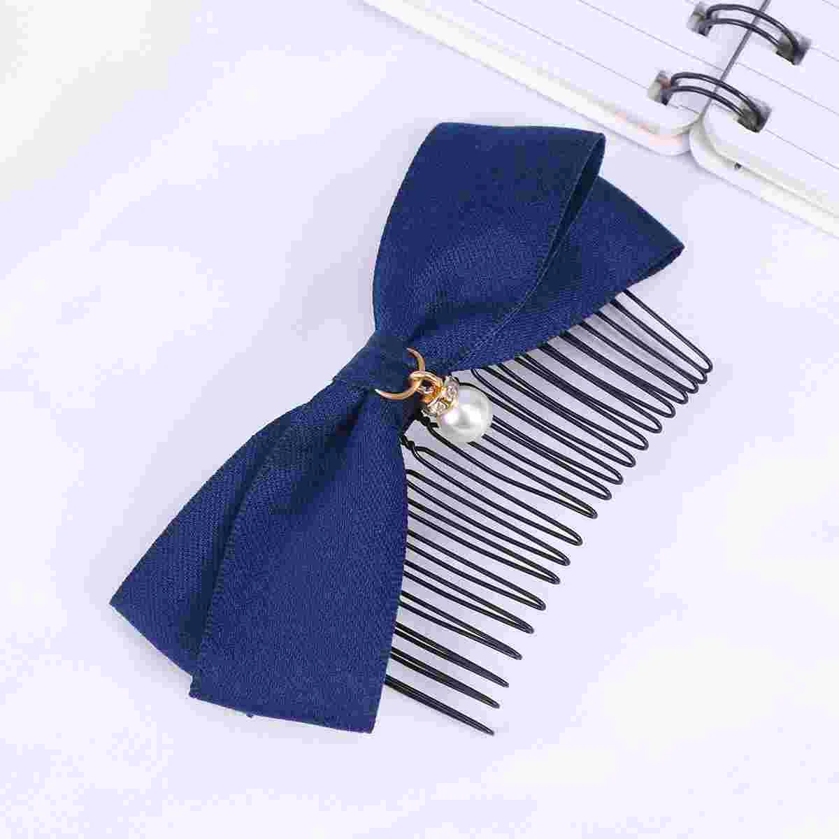 

Elegant Hair Comb Bowknot Bang Hair Accessory Inserted Combs Headdress for Women Girls Dark Blue (with Pearl)