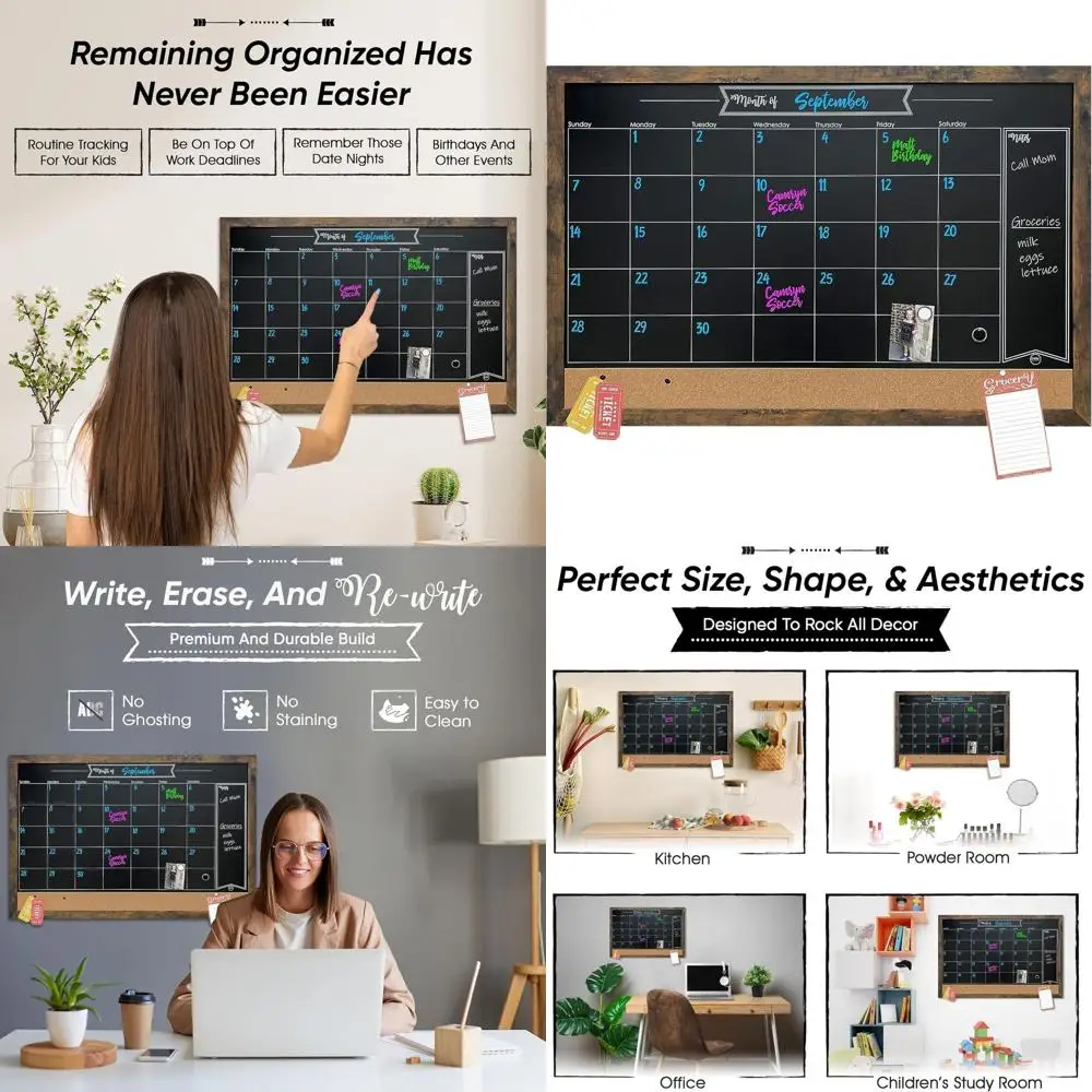 

Alloy Steel Magnetic Chalkboard Calendar, 36x24 - Rustic Framed Wall Organizer & Kitchen Meal Board