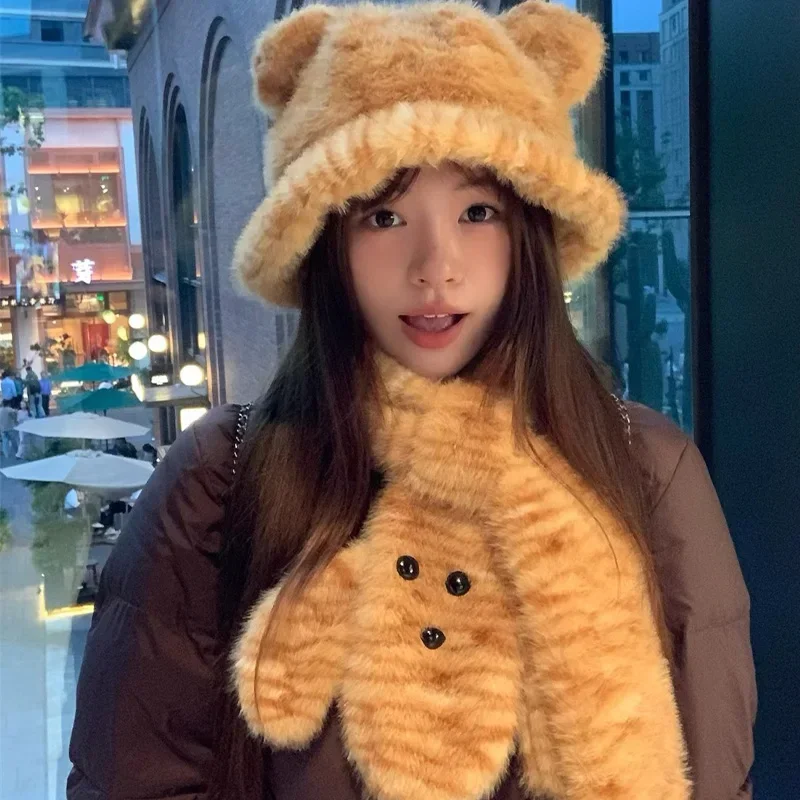 

Women Bear Ears Fisherman Hat Plush Tiger Print Leopard Dot Neck Protector Cute Leopard Bag Winter Coldproof Warm Outdoor Riding