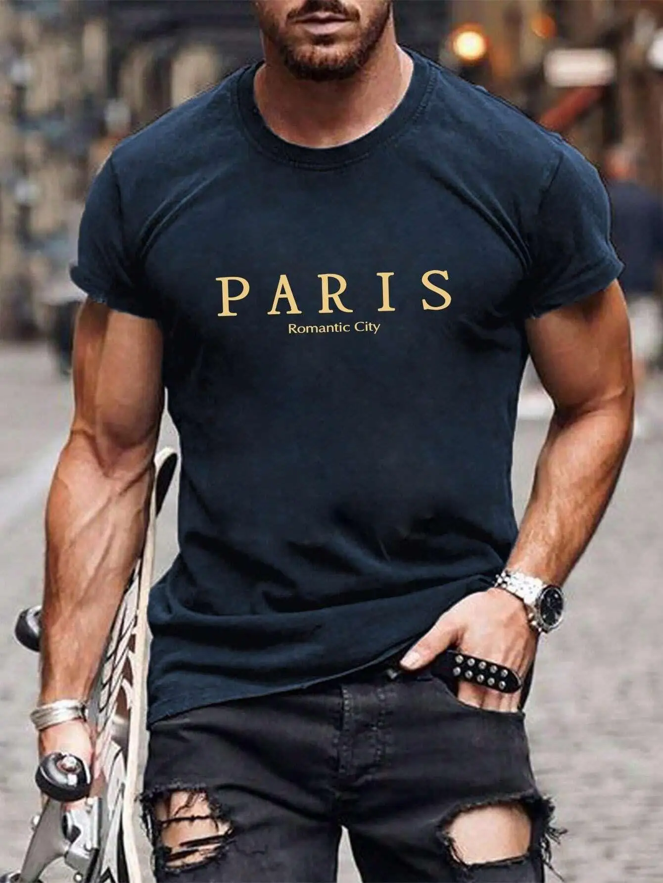 T-shirt surdimensionné en coton pour homme, estival et romantique, avec impression graphique de la ville de Paris