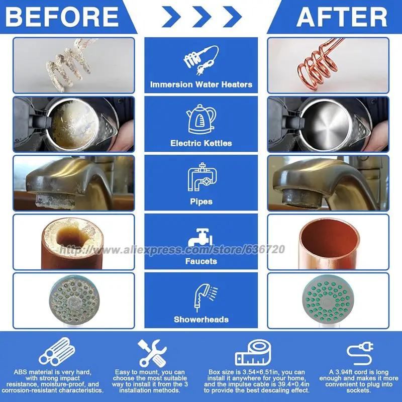 إزالة الترسبات المائية للمنزل بالكامل، مكيف مياه صلب إلكتروني بديل خالٍ من الملح، يقلل من مقياس الليموني يمنع بناء الودائع