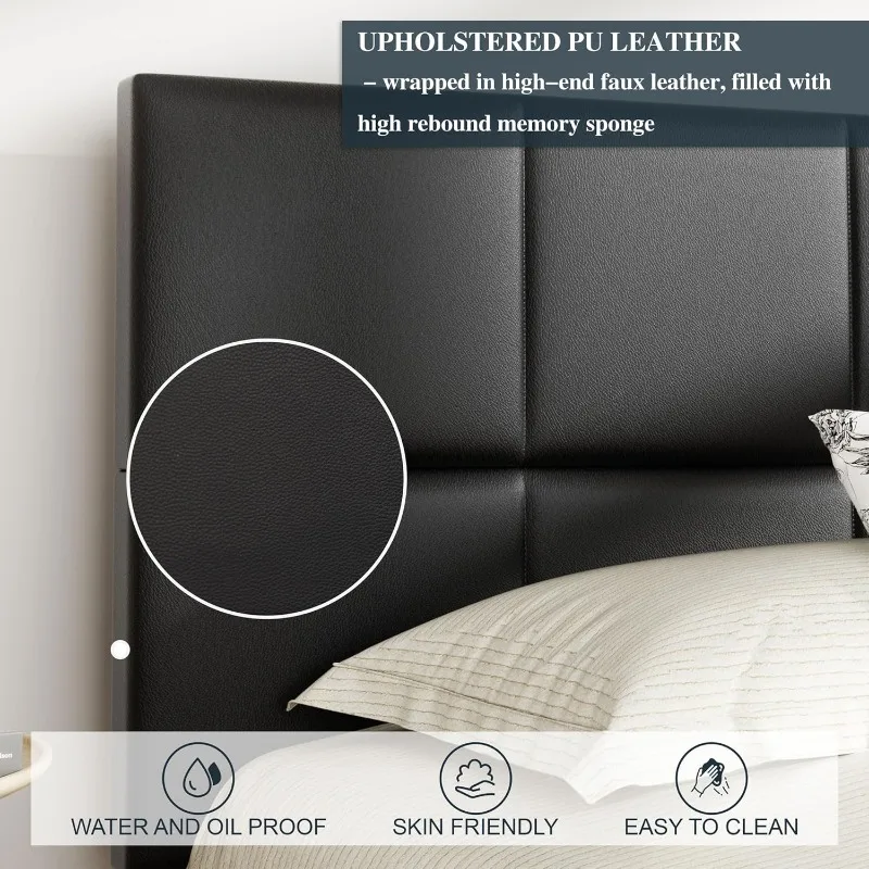Platform bed frame Queen size, tufted Queen bed frame, leather upholstered headboard, easy to assemble, black