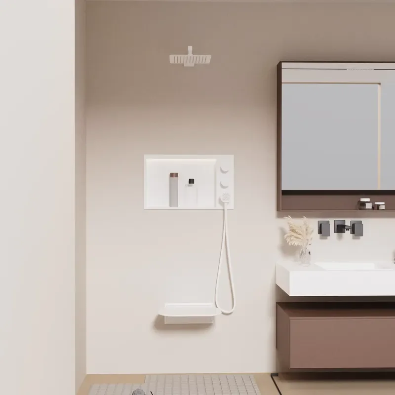 Advanced in Wall Shower System with Multi Function Niche Panel and Space Saving Wall Mounted Seat Option