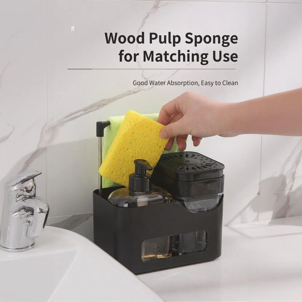 For Kitchen Sink Organizer with for Dual Soap Dispenser Sponge Holder Dishcloth Rack Brush Stand ABS Black 5-in-1 Design