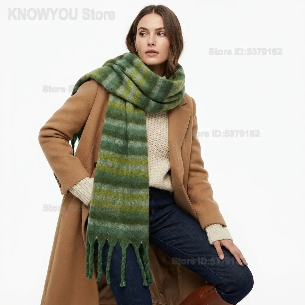 Women Autumn Winter Faux Cashmere Scarf High Sense Warm Shawl Mohair Striped Thick Color Block Neck Wrap Daily Outfit Accessory