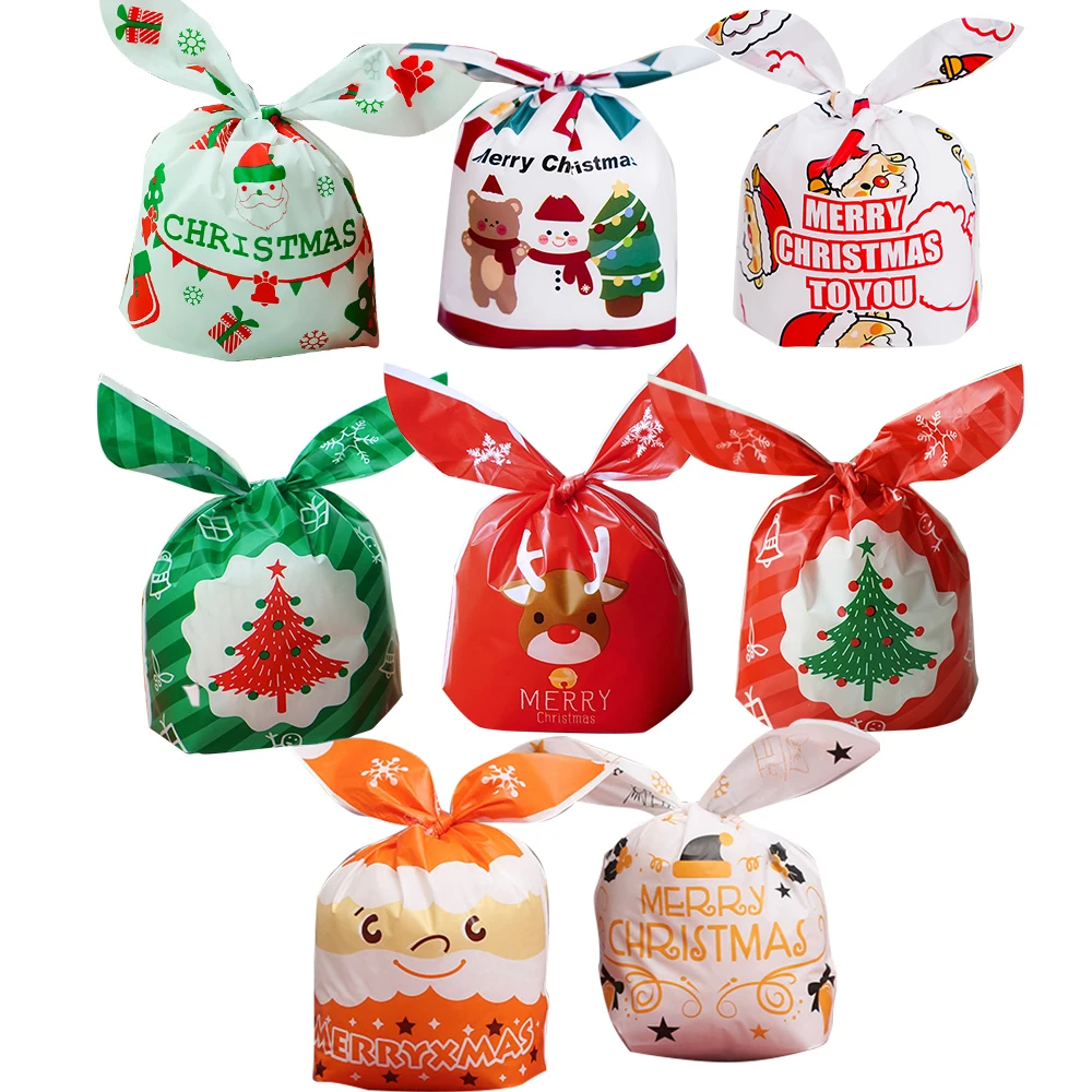 10/20pcs Christmas Candy Bags Plastic Carton Santa Claus Deer Cookie Bags For 2023 Navidad DIY Gifts/Baking Packing Supplies