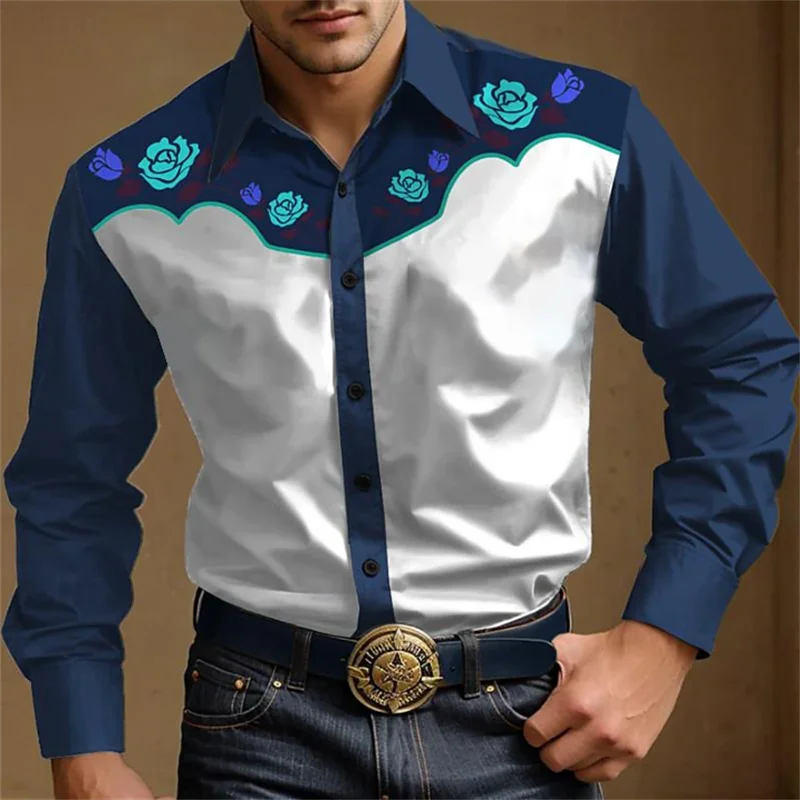 Western Shirts Men\'s Denim Floral Button Shirt Outdoor Festival Men\'s Tops Soft and Comfortable Vintage Lapel S-6XL