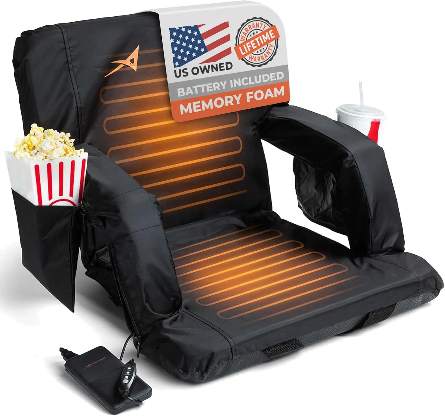 Double Heated Stadium Bleacher Seat, 20-Inch Wide, Foam, Foldable, Cup Holders, Arm Rest, Reclining, Adjustable Backrest