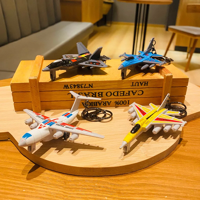 Cartoon Mini Flying Airplane Model Keys Chain Cool Alloy Simulation Fighter Jet Kids Toy Car Keychain Gift Student Bag Pendant