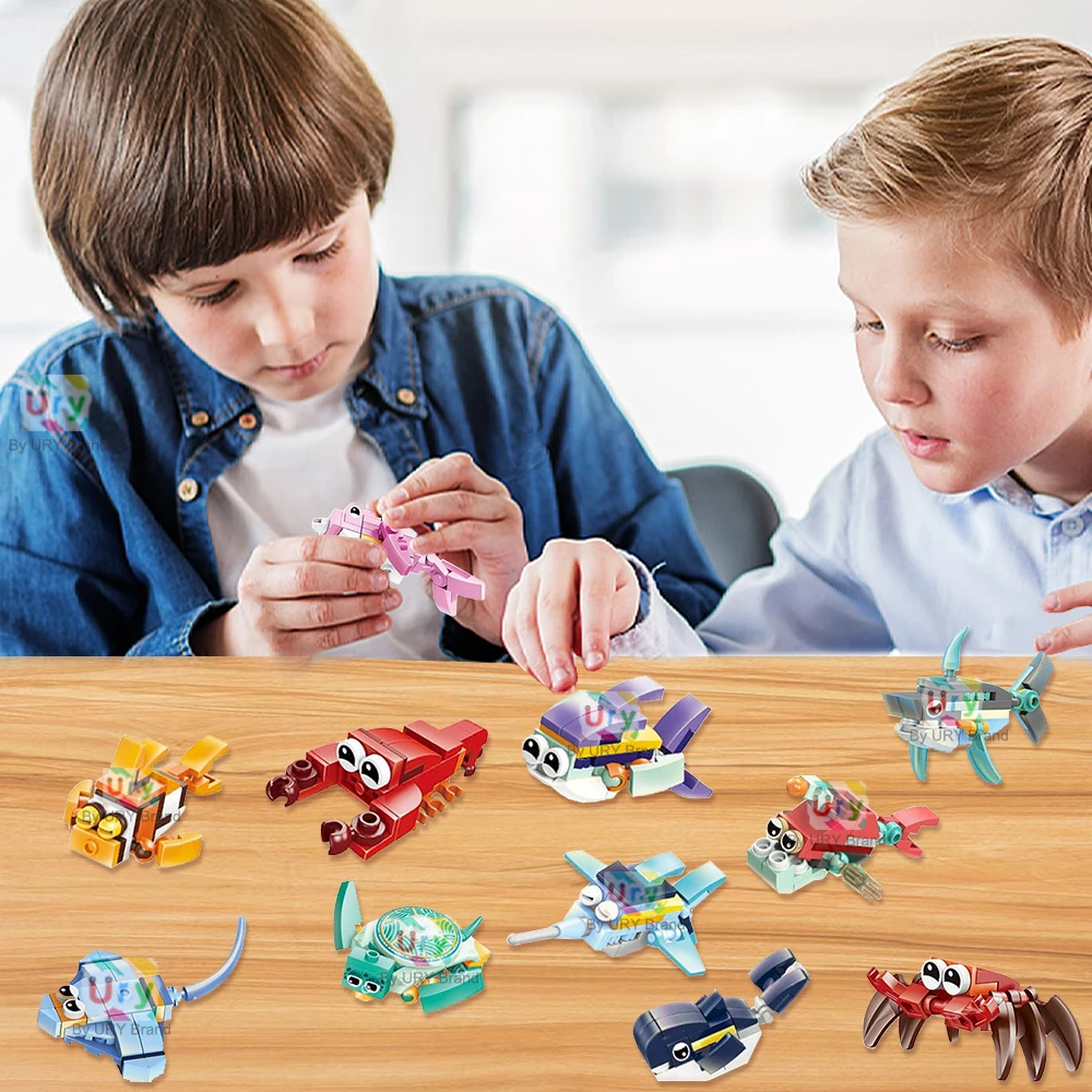 Moc 12in1 Ocean Marine Fish Animals Shark Octopus Hermit Crab Turtle Dolphin Model Set Building Blocks Diy Toys for Kids Gifts