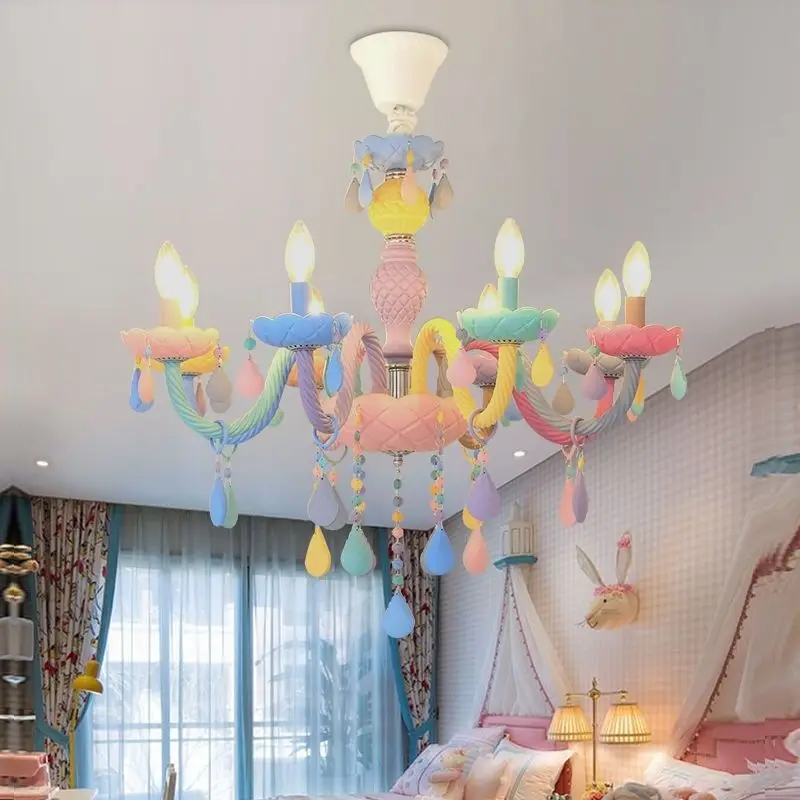 Candelabro de cristal de Color arcoíris, lustres para dormitorio de niños, lámparas de princesa Makaron, accesorio de luz de gota