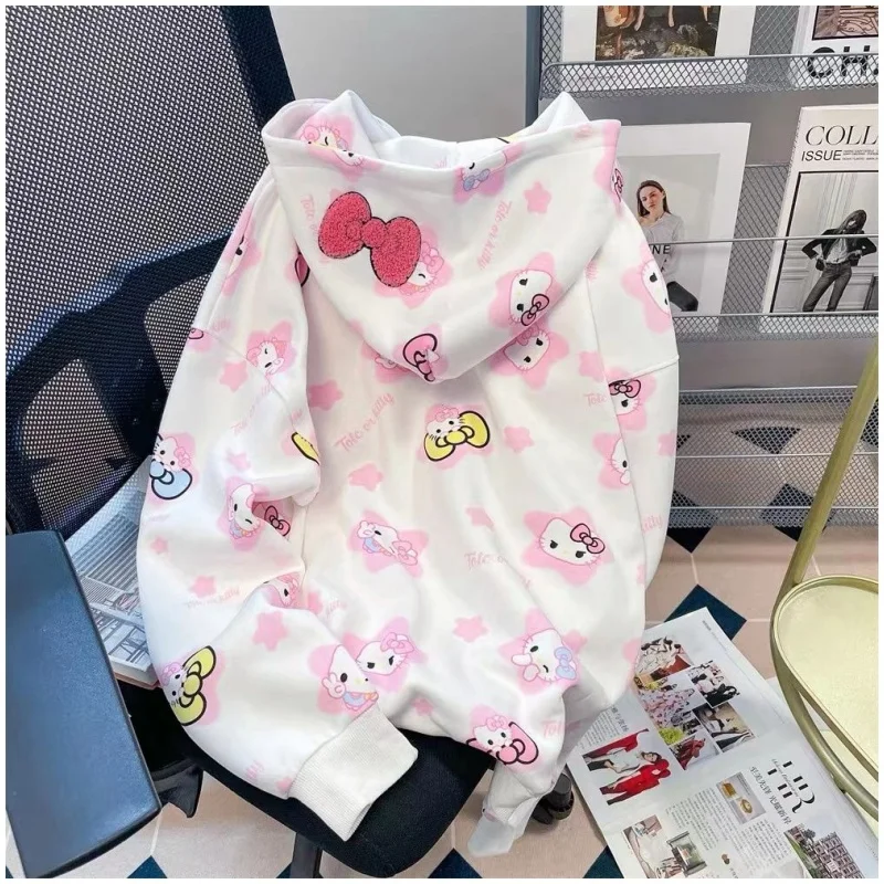 Anime Sanrio Hello Kitty Hooded Cardigan Jacket Kawaii Girl Autumn Vintage Coat Comfortable Cute Cartoon Women Hoodbirthday Gift