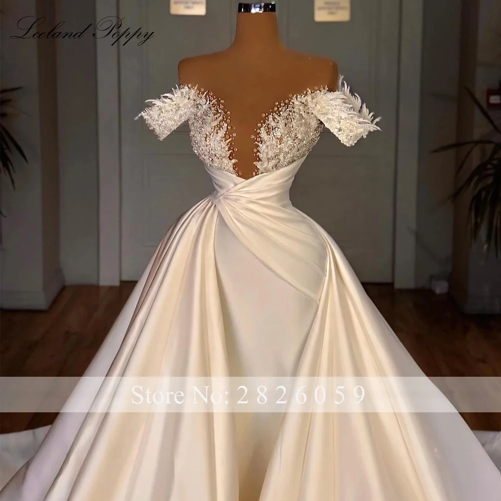 أيسلندا الخشخاش مخصص 2 قطعة قارب الرقبة الساتان فساتين الزفاف مطرز الدانتيل يزين زي العرائس مع قطار للانفصال