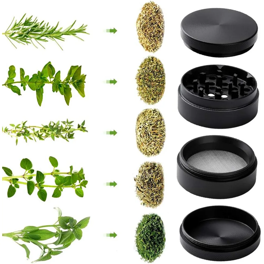 Moedor de ervas de metal 40mm, 4 camadas, especiarias, pimenta, moedor, grama crua, tabaco, acessórios para fumar cigarros