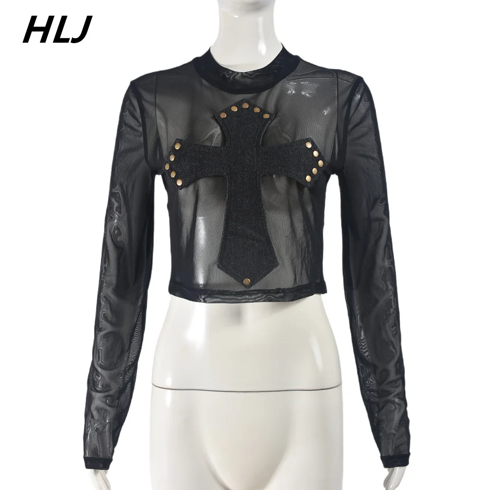 HLJ Black Sexy New Mesh Embroidery Perspective Two Piece Sets Women Round Neck Long Sleeve Slim Crop Top And Mini Skirts Outfits