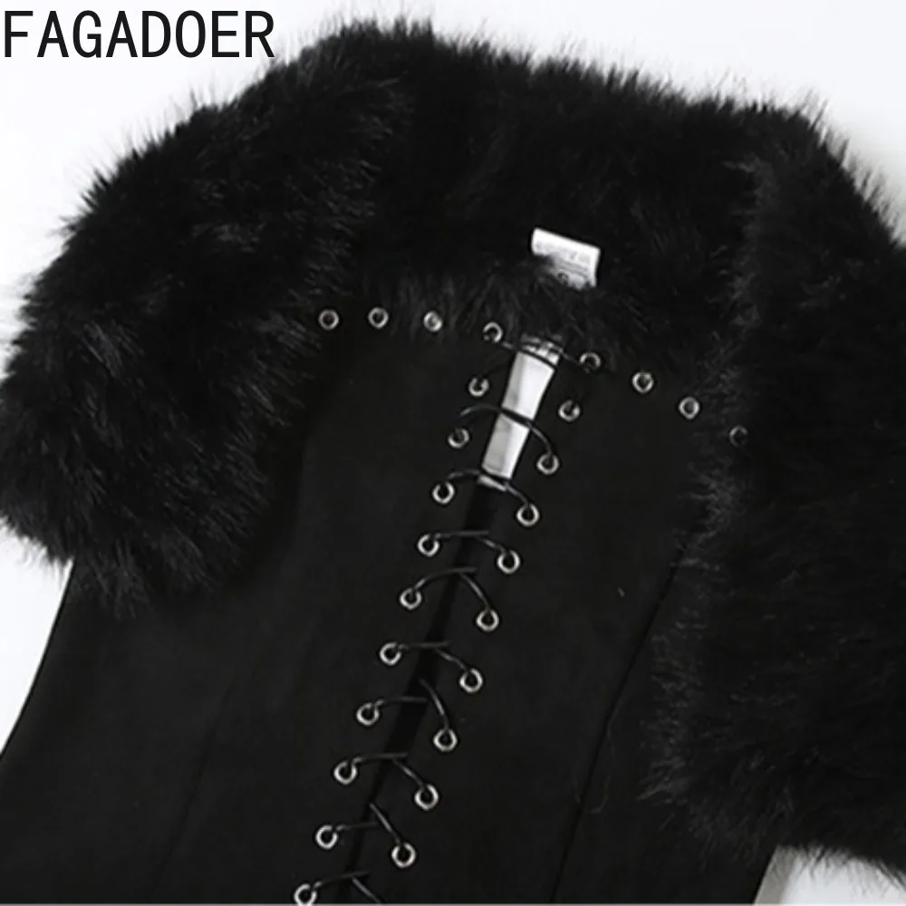 FAGADOER Sexy Fur Patchwork 2 Pieces Set for Woman Outfit Sleeveless Backless Bandage Crop Top + Shorts Suits Female Streetwear
