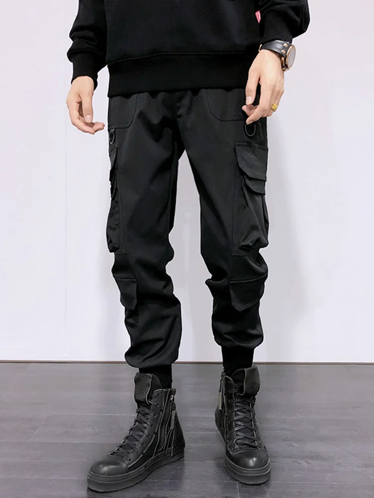 

Free Shipping Men's Fashion Black Autumn Winter Multi-pocket Functional Beam Overalls Dark Trend Small Feet Harem Pants For Men