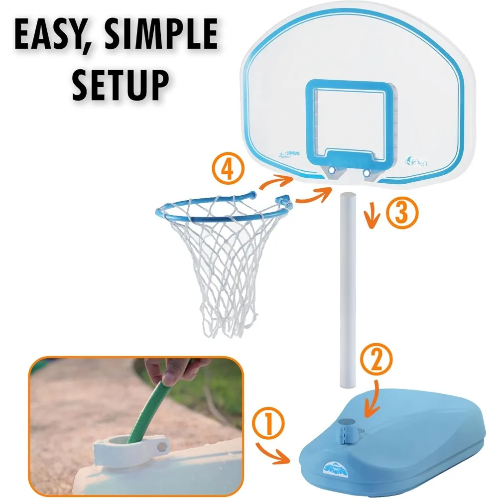 Juego de aro de baloncesto para piscina al aire libre de altura ajustable con llanta de acero inoxidable y pelota incluida, diseño azul claro