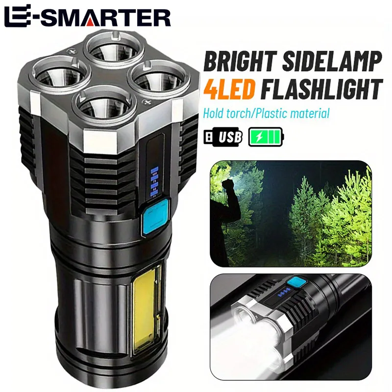 

4LED High Power Flashlight 1/2PCS USB Rechargeable Portable Hand Lanterns With COB Side Floodlight Camping Adventure Torch