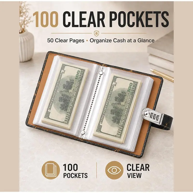 PU Leather Saving Cash Binder With 100 Clear Pockets Waterproof Budget Saving Book With Password Lock Banknote Collector Booklet