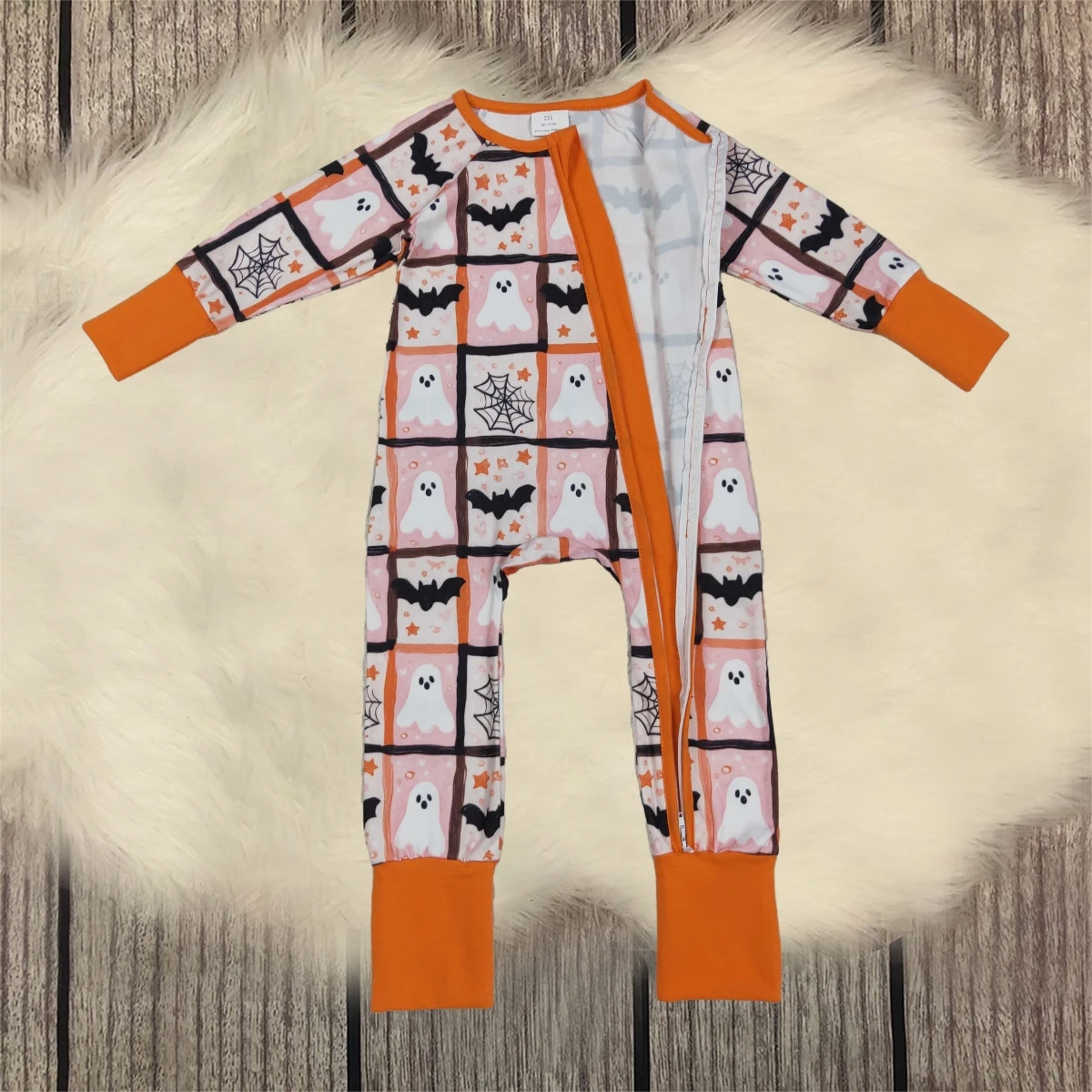 

Children Newborn Fall Halloween Ghosts Romper Girl Infant Long Sleeves Baby Kids Toddler Orange Zipper Girls Jumpsuit Wholesale