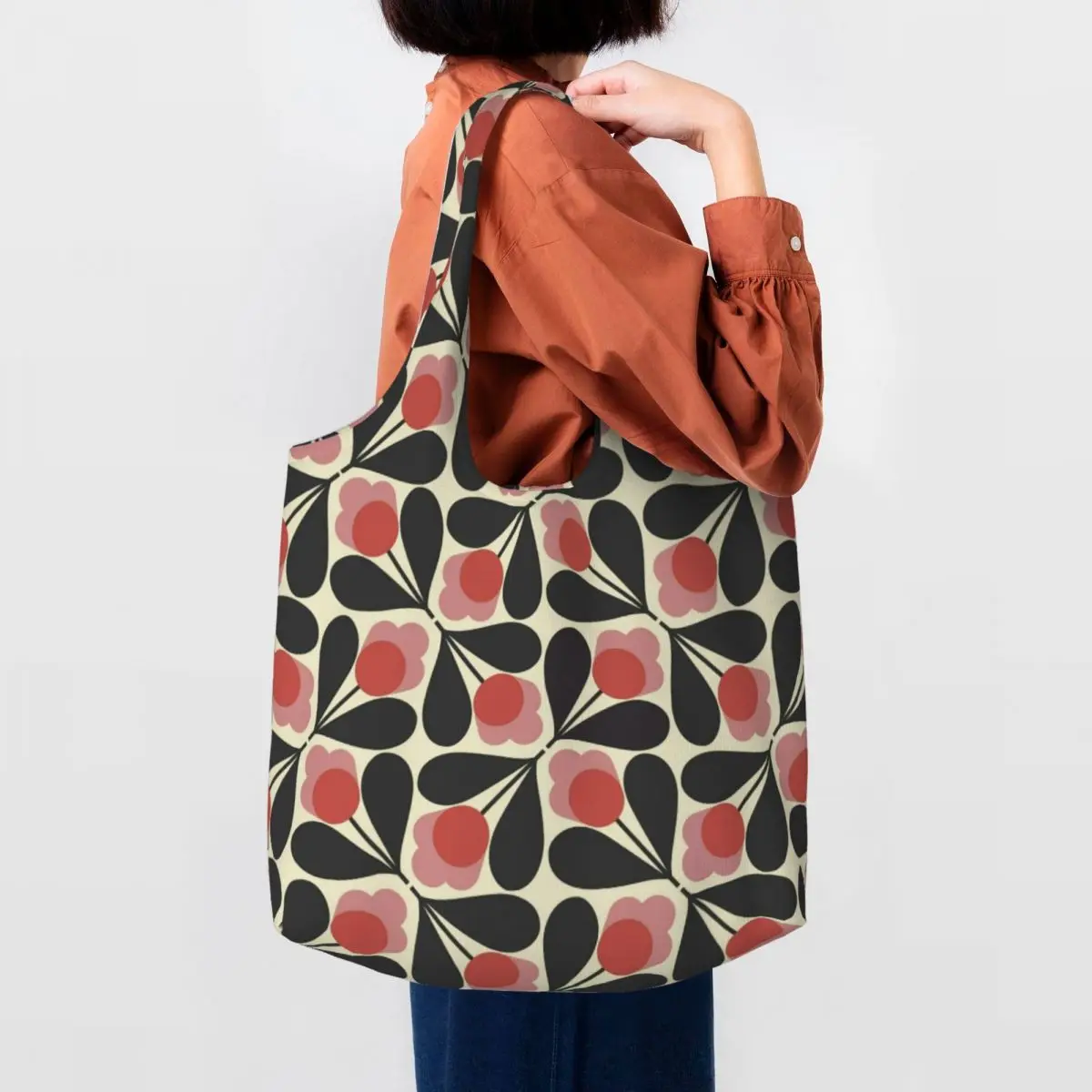 Custom Fuchsia Flower Orla Kiely Print Shopping Tote Bag Reusable Canvas Groceries Shoulder Shopper Bags Photography Handbags