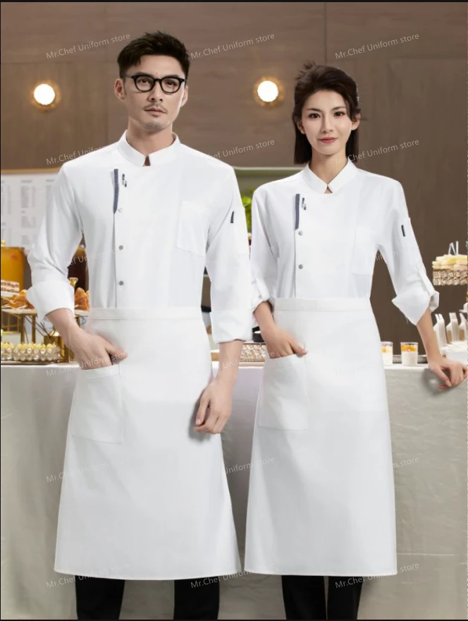 Chaqueta de Chef blanca de manga larga, uniforme de Chef de restaurante, camiseta de Chef, uniforme de trabajo de panadero, abrigo de cocinero de Hotel, ropa con logotipo para mujer