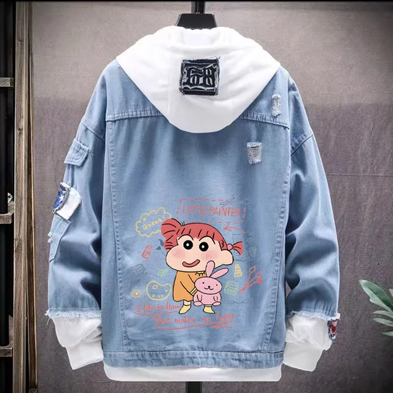 Anime Crayon Shin-Chan Series Pattern Printed Denim Hooded Jacket Boys Girls Fashion Casual Loose Coat Couple Clothing Gifts