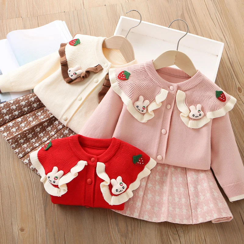

Girls Sweater Set Autumn Winter New Cute Rabbit Children Stylish Strawberry Knitted Cardigan Dress Set
