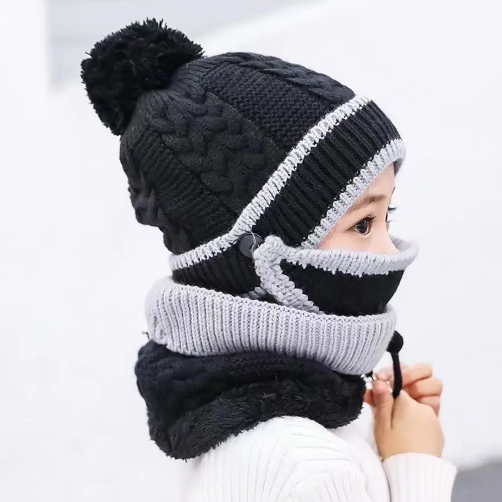 Com cachecol chapéu de tricô meninas meninos forro de lã pescoço mais quente crianças chapéus de inverno chapéu de cobertura cachecol conjunto crianças bonés bebê bonnet