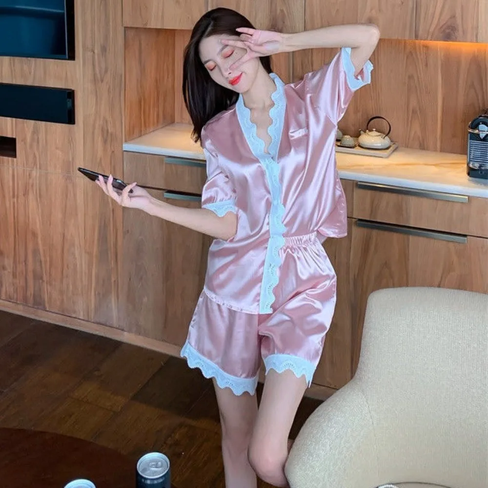 

Homewear Ice Silk Lace Pajama Suit Loose Short-sleeve Sweet Short Pajamas V Neck Women Sleepwear Two Pieces Sleepwear Sets Home