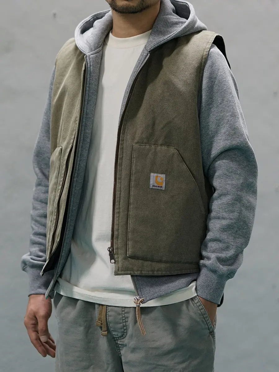 Men\'s Canvas Quilted Vest Rib Collar Autumn Winter Insulated Gilet