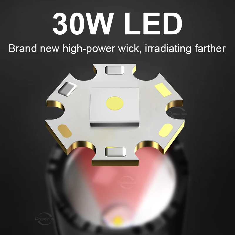 High Powerful 30W LED Flashlights Ultra Bright Tactical Flash Light Zoomable Outdoor Hunting Lantern Type-c Charging Torch