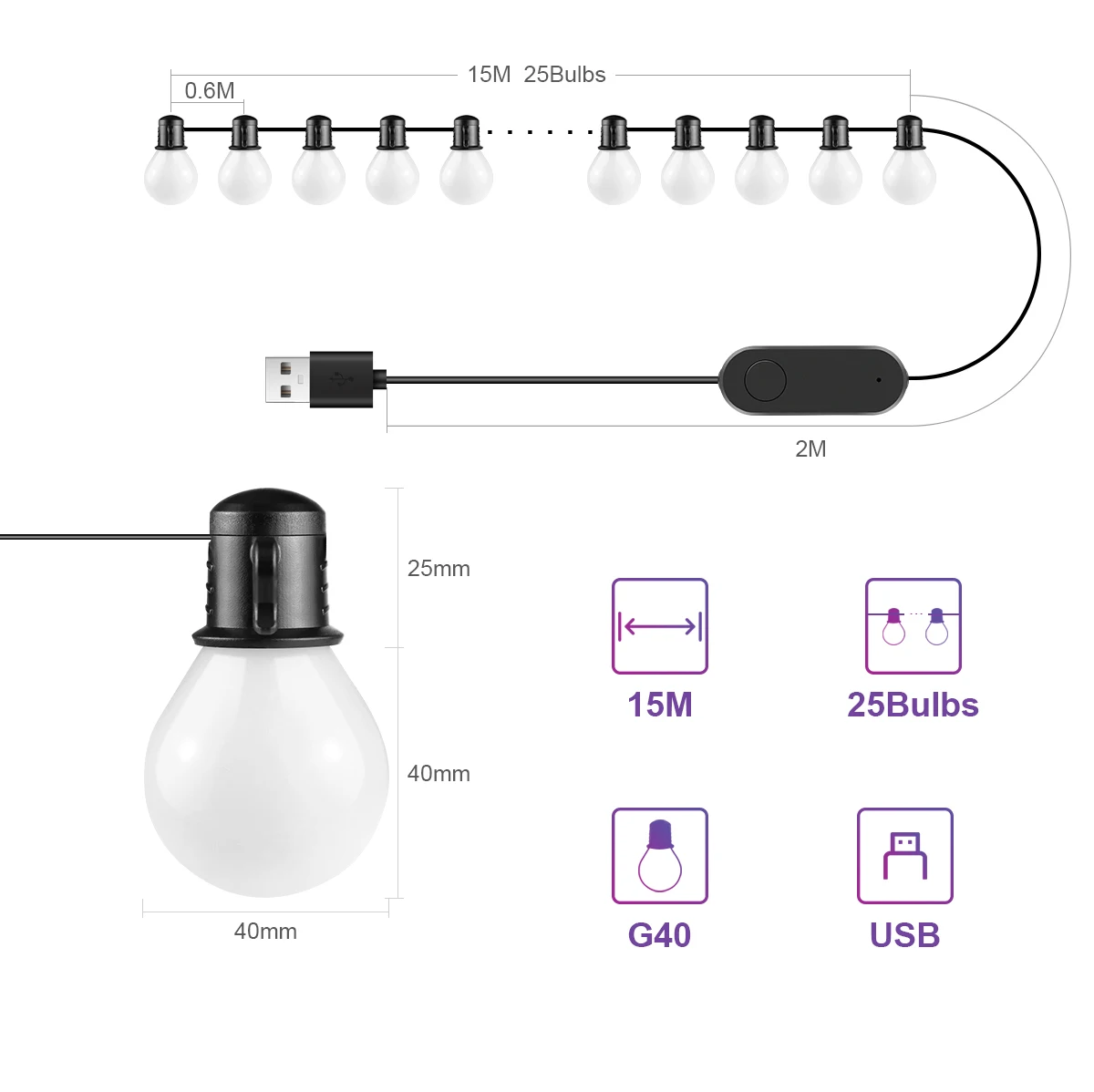 Smart Wifi LED String Licht USB 5V 15m 25 Glühbirnen Lichterketten Weihnachts zimmer Outdoor Garten Dekoration Girlande Girlande Lampe