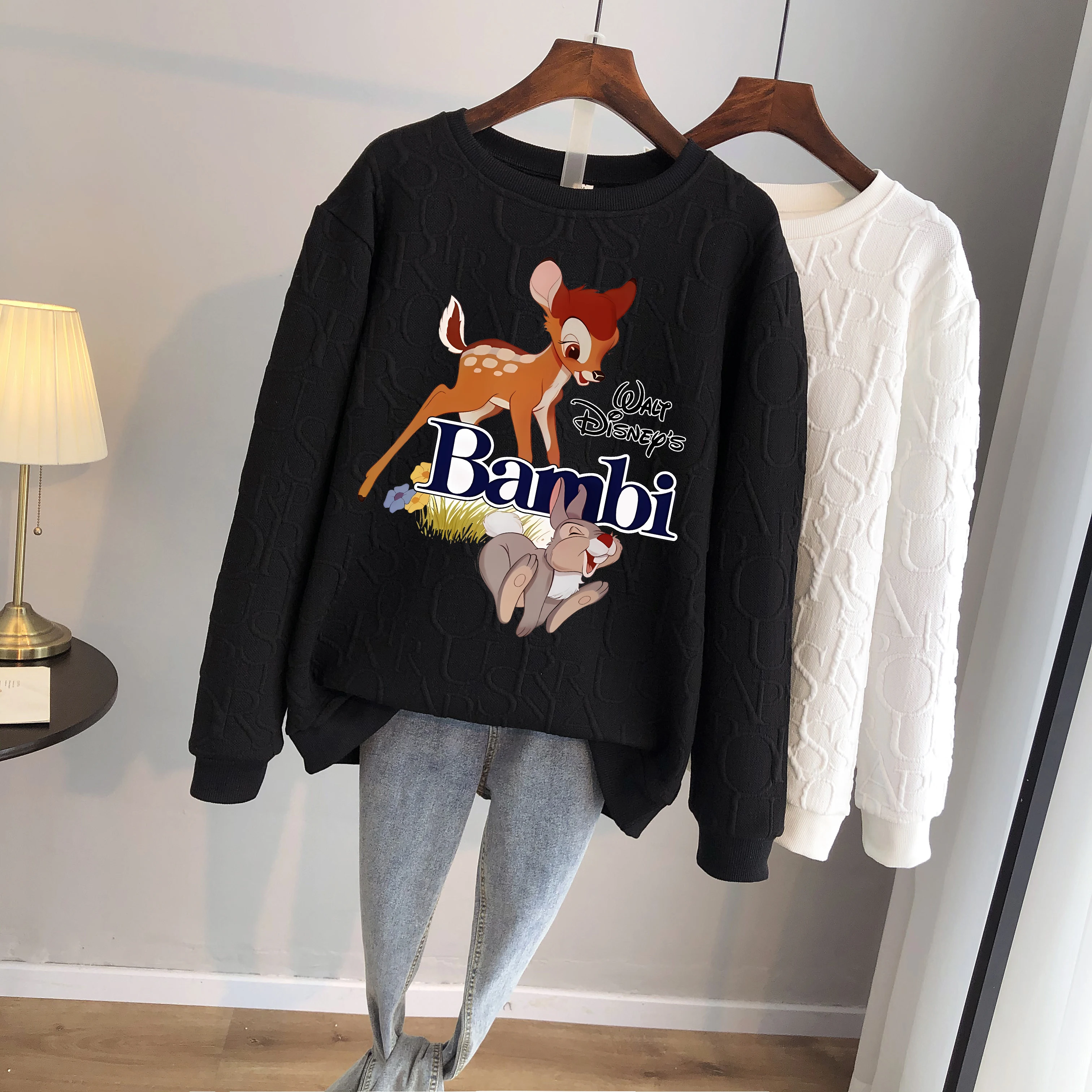 Disney 2024 Anime Cute Bambi Print Loose Sweatshirt Spring Autumn Cartoon Pullover Top Clothing