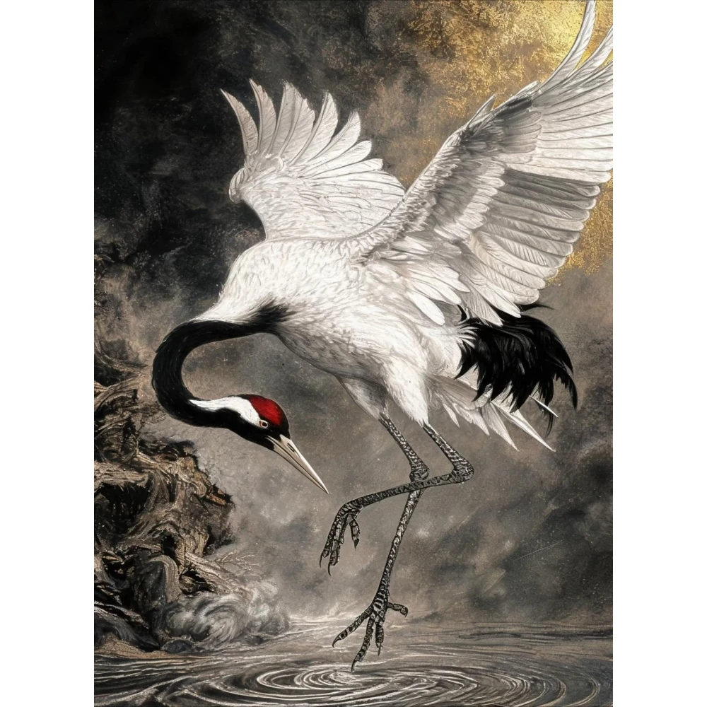 Red Crowned Crane Scenery Spreading Wings Over Water Ripple Wildlife Wall Art Oil Painting By Numbers,Frameless