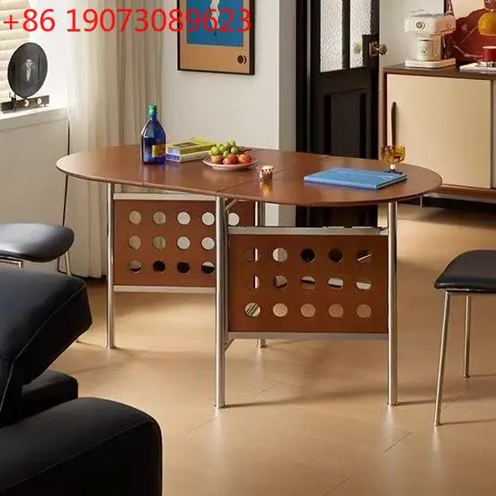 

Foldable rock slab dining table oval Nordic medieval style household small apartment solid wood retractable dining table