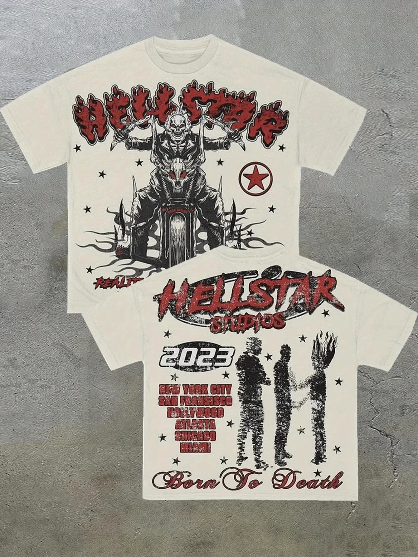 

300G Crew Neck Short Sleeve T-Shirt Vintage Hcllstar GHosr Bike Casual Double Sided Printed Cotton Men's Fashion Casual