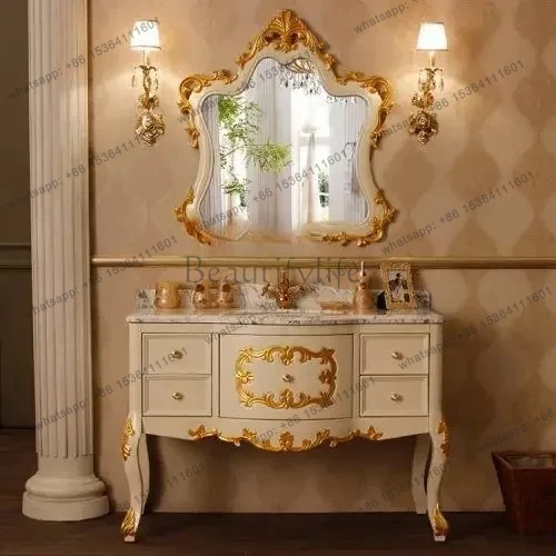 

European bathroom cabinet red oak hand wash basin cabinet combination marble washstand floor