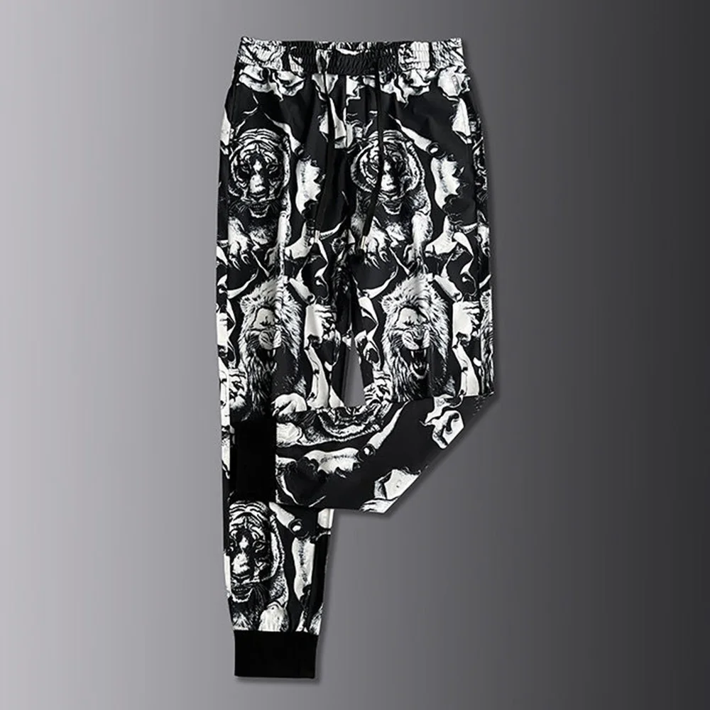 Mens Ice Silk Tiger Lion Beast Printed Sports Cuff Pants Fashion Personality All-Match Jogging Pants Mens Clothing Summer New