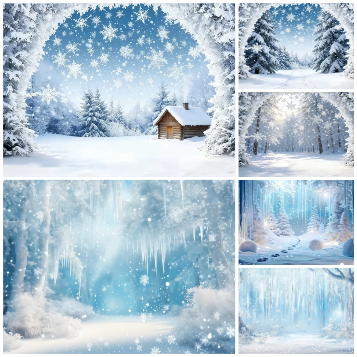 

Snow Forest Photography Background Icicle Cabin Snowflake Decor For Xmas Party Winter Theme Photo Studio Backdrop Decoration