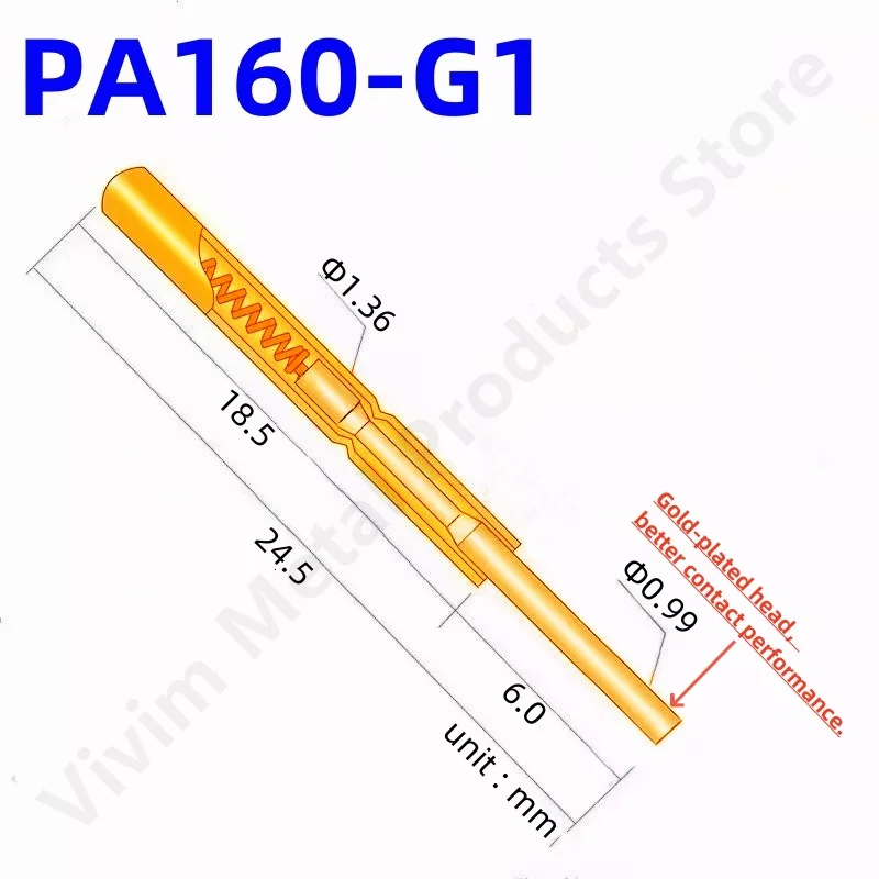 

20/100PCS PA160-G1 Spring Test Probe PA160-G Test Pin P160-G P160-G1 Test Tool 24.5mm 1.36mm Needle Gold Tip 0.99mm Pogo Pin