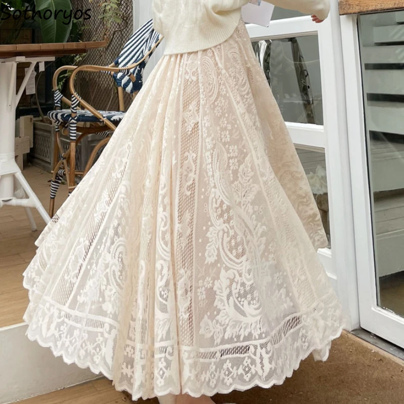 

Spring Long Skirts Women Sweet Lace Vintage Trendy Korean Style Loose High Waist Skirt Classic Ladies Faldas Streetwear Casual