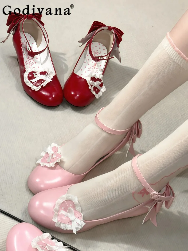 

Japanese Original Lolita Retro Sweet Heart Bow Lace Single Shoes Daily Versatile JK Mary Jane Single Shoes for Women