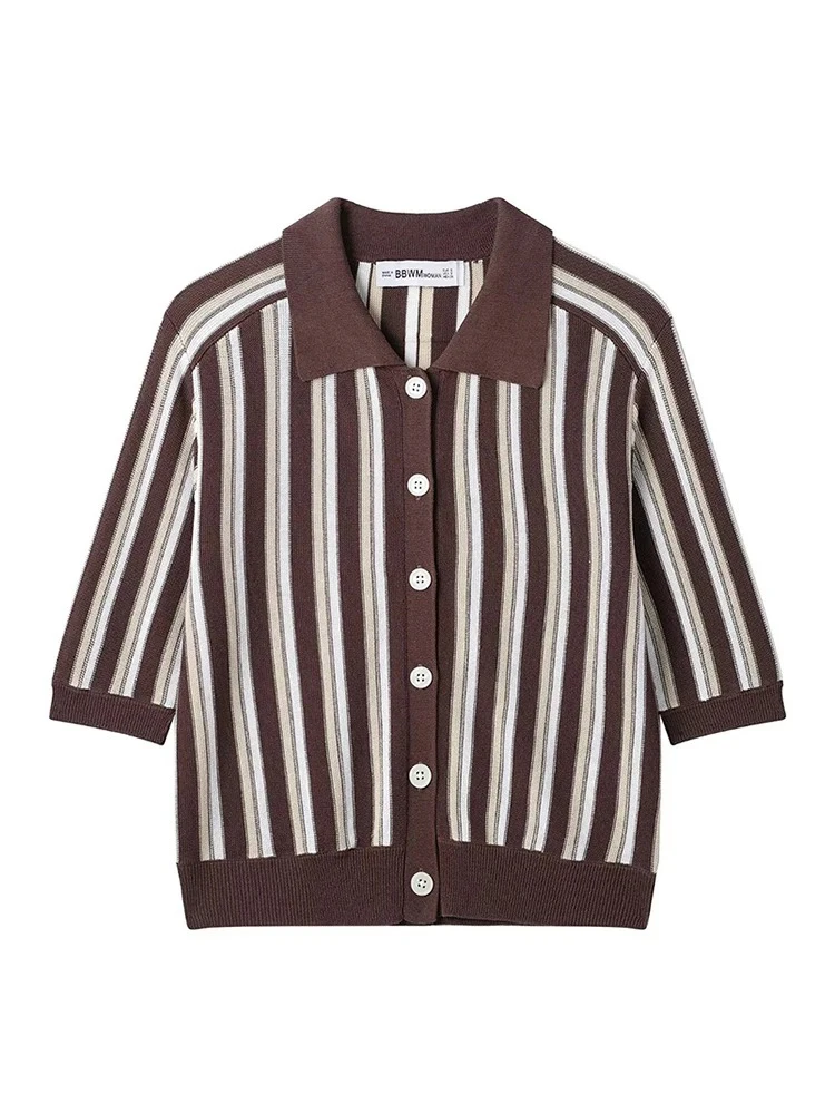 

Женская Мода 2025 Весна Лето Новый Французский Простой Slouchy Столкновение Полоса С Коротким Рукавом Однобортный Трикотажные Поло Топ Повседневная Пеплум Топ Streetwear